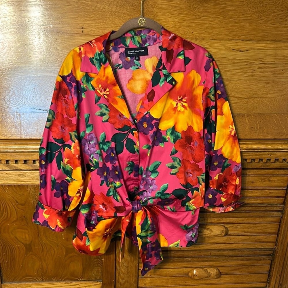 Jones‎ New York Signature 90s Boho Pink Floral Tie Front Blouse Top XL Tropical